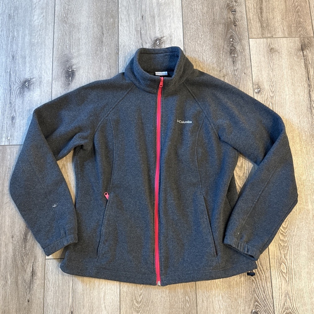 Columbia Fleece Jacket Gray Full Zip with Pink Trim Women's Size ExtraLarge Soft